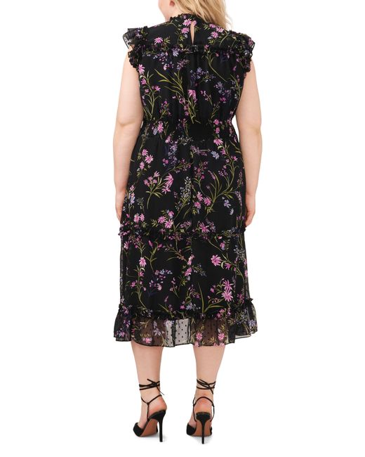 Cece Floral Smocked Ruffle Swiss Dot Midi Dress in Black | Lyst