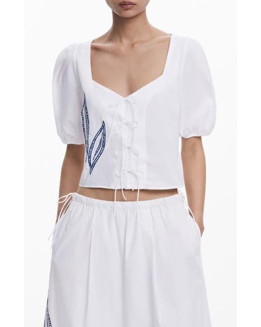 Desigual White Embroidered Tie Front Top