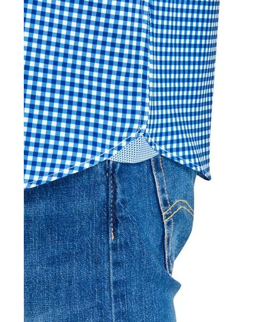 Con.struct Blue Slim Fit Mini Check Recycled 4-Way Stretch Performance Short Sleeve Shirt for men