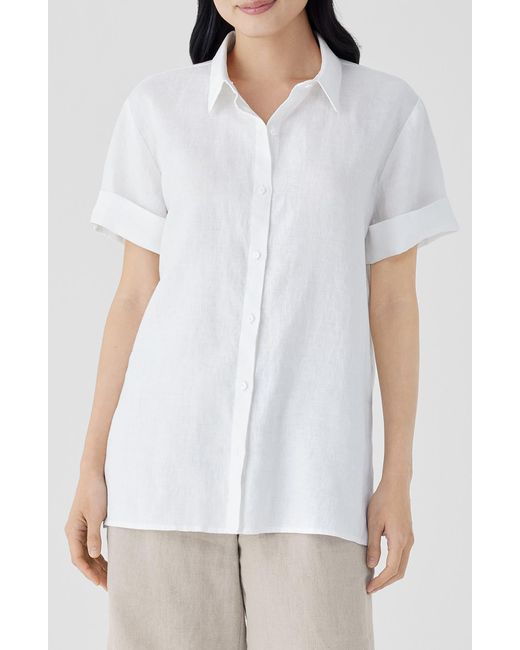 Eileen Fisher White Classic Short Sleeve Organic Linen Button-up Shirt