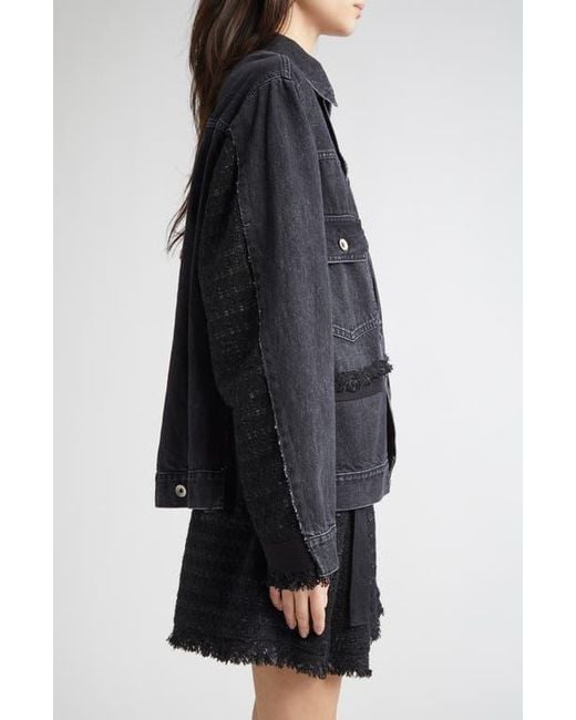 Sacai Mixed Media Denim & Tweed Trucker Jacket in Black | Lyst