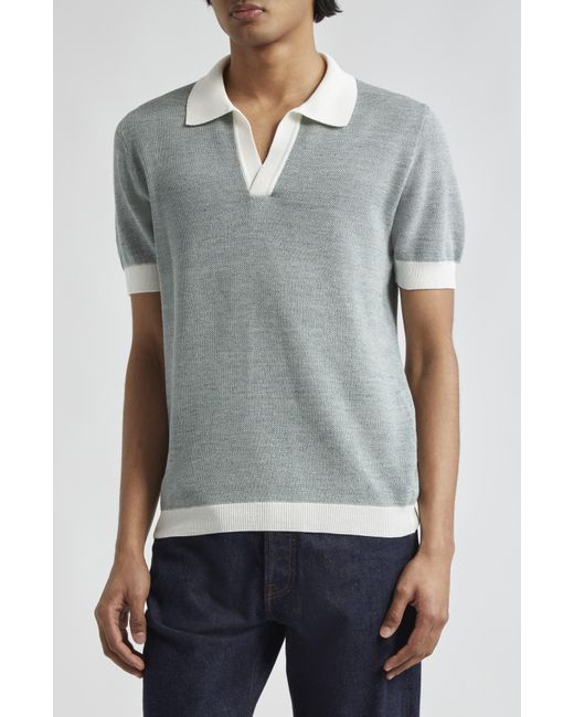Thom Sweeney Blue Aragon Contrast Trim Cotton & Linen Polo Sweater for men