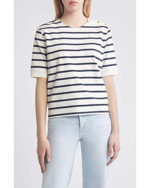 FRAME White Stripe Organic Cotton Button Accent T-shirt