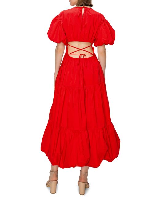 MELLODAY Red Puff Sleeve Lace-up Back Bubble Hem Tie Midi Dress At Nordstrom