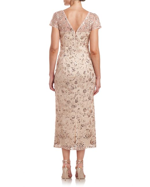 JS Collections Natural Sequin Embroidered Cocktail Dress