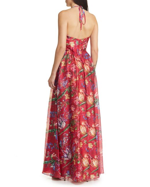 Marchesa Red Floral Print Cape Gown