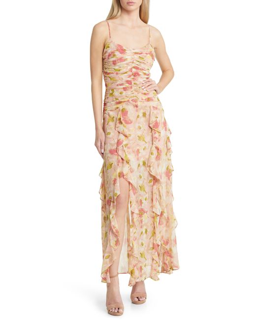 FLORET STUDIOS Natural Floral Ruched Bodice Cascading Ruffle Maxi Dress