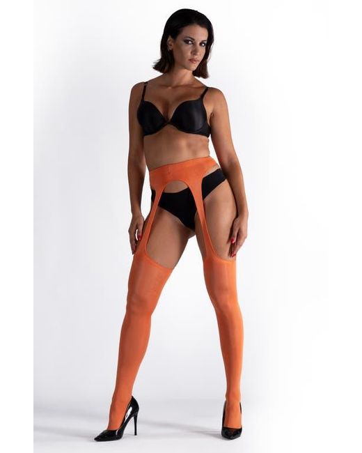 LECHERY Orange Lustrous Silky Shiny Sheer Suspender Crotchless Tights