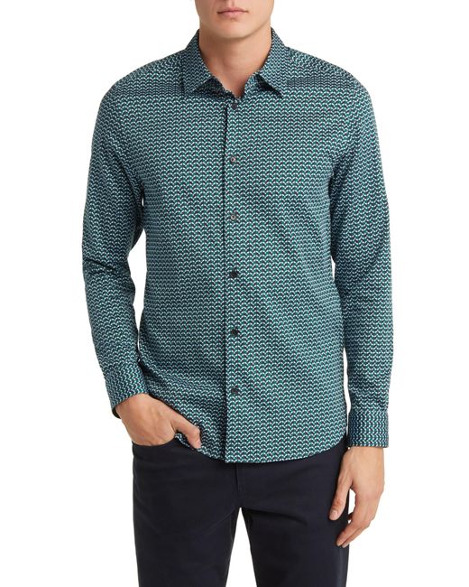 Ted Baker Blue Laceby Slim Fit Geometric Print Stretch Button-up Shirt for men