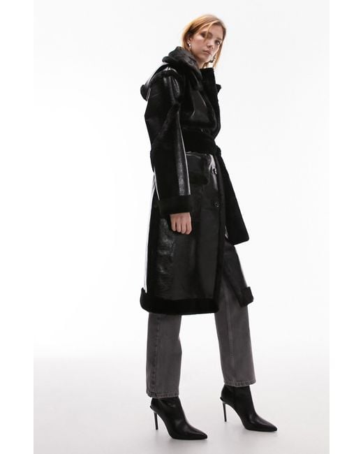 Faux Fur Trim Faux Leather Aviator Coat in Black Lyst