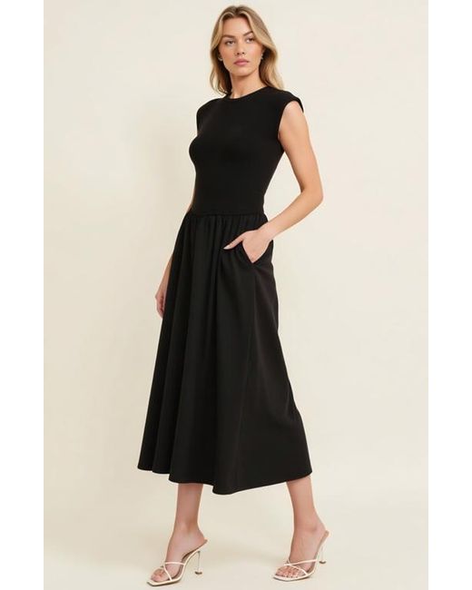 Modenaire Black Cap Sleeve Fitted Bodice Dress With Gathered Midi Skirt And Pockets