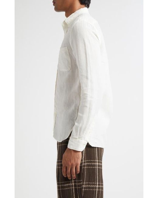 Beams Plus White Linen Chambray Button-Down Shirt for men