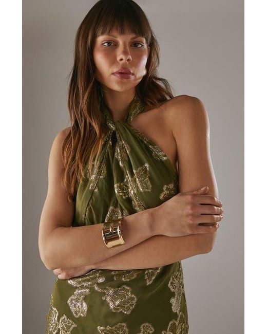 Warehouse Green Metallic Chiffon Wrap Front Midi Dress