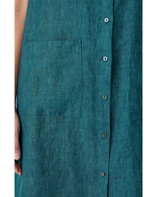 Eileen Fisher Blue Sleeveless Organic Linen Shirtdress