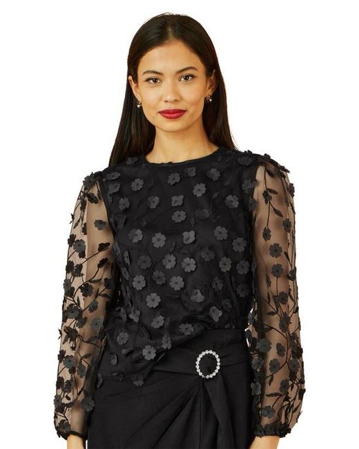 Yumi' Black Long Sleeve Sheer Floral Top