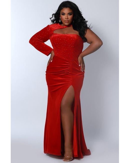 Johnathan Kayne for Sydneys Closet Women's Red One Shoulder Velvet Long  Sleeve Plus Size Evening Gown