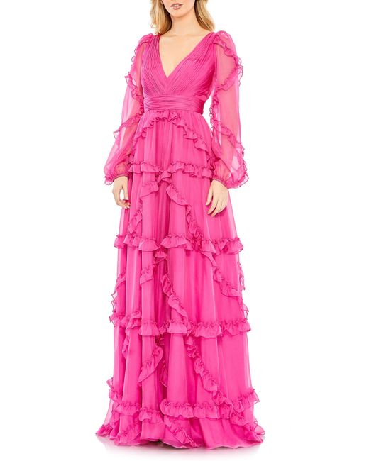 Mac Duggal Pink Tiered Ruffle Long Sleeve Gown