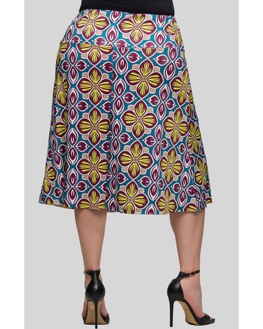 24seven Comfort Apparel Blue Geo Print Elastic Waist Midi Skirt