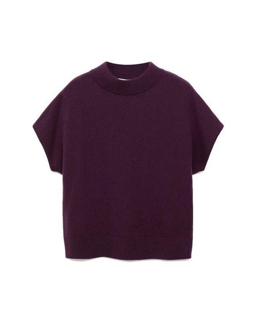 Mango Purple Mock Neck Short Sleeve Wool & Cashmere Sweater