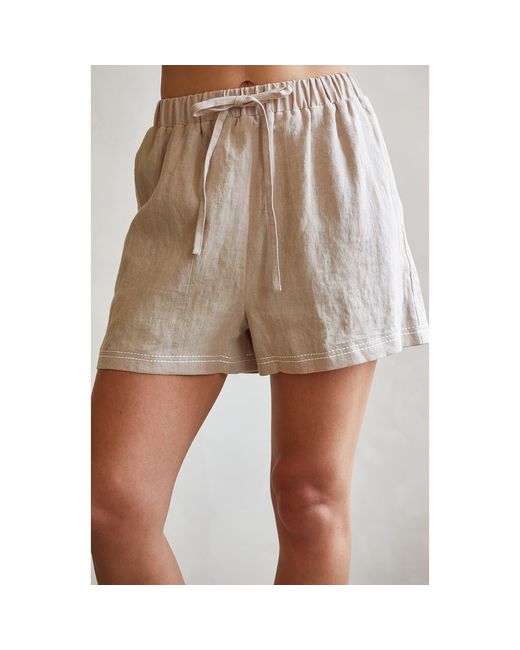 Crescent Natural Contrast Stitch Linen Shorts