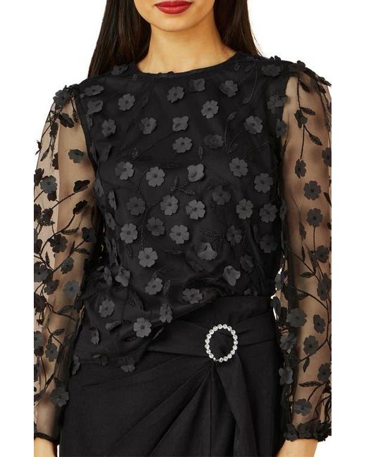 Yumi' Black Long Sleeve Sheer Floral Top