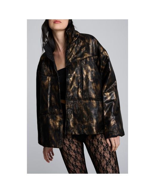 Kenneth Cole Black Animal Print Foiled Satin Seamed Puffer Jacket