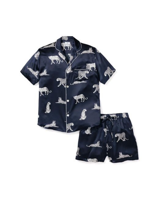 Petite Plume Blue Panther Print Silk Short Pajamas for men
