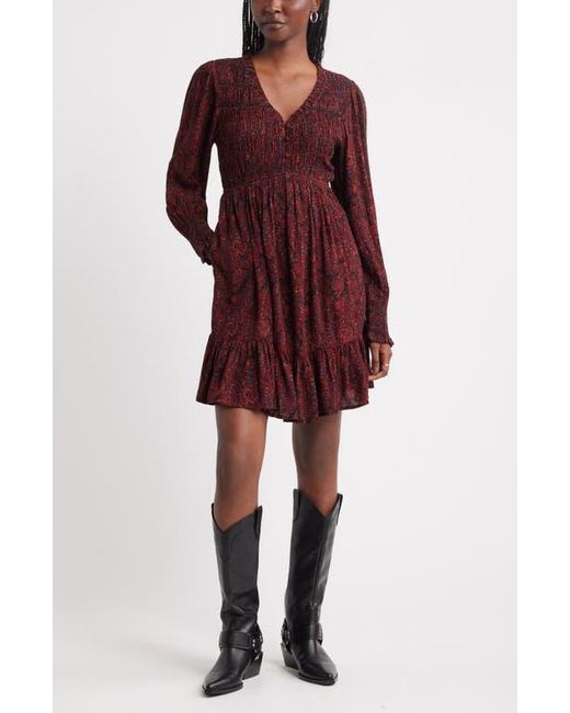 knee length dresses for ladies Brown Frilly Smocked Bodice Floral Mesh Long Sleeve Mini Dress main image 0