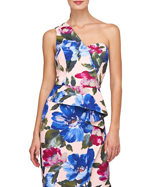 Kay Unger Blue Laurel Floral One-shoulder Gown