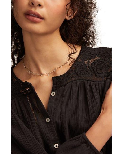 Lucky Brand Black Lace Inset Bubble Hem Cotton Button-Up Shirt