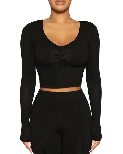 Naked Wardrobe Black Long Sleeve Ruched Front Crop Top