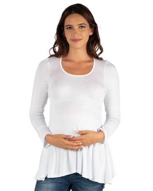 24seven Comfort Apparel White Maternity Long Sleeve Swing Style Flared Tunic Top