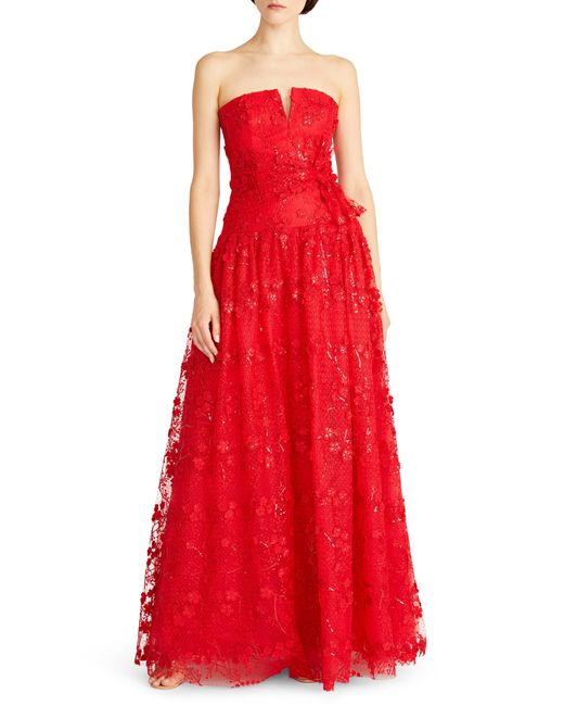 ML Monique Lhuillier Red Celia Sequin Floral Strapless Tie Front Tulle Gown