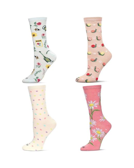 Memoi White Gardening Assorted 4-Pack Crew Socks
