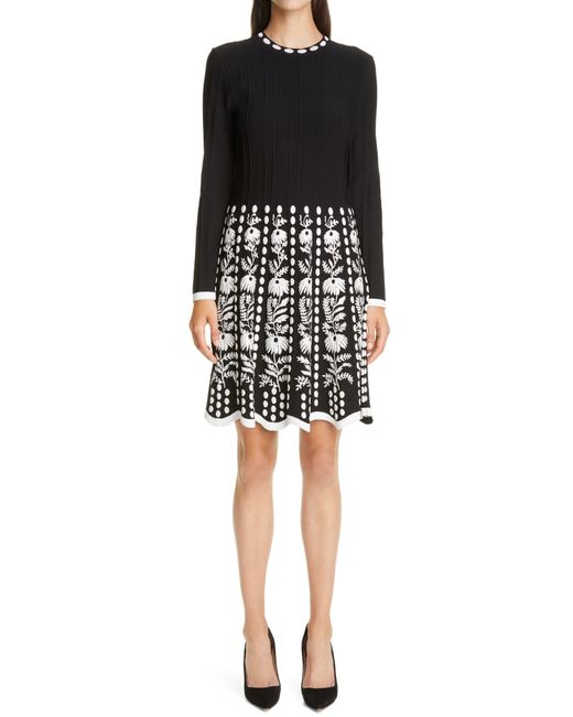 Lela Rose Black Floral Jacquard Long Sleeve Fit & Flare Sweater Dress