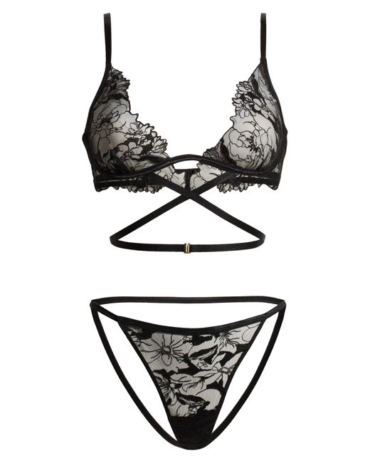 MAPALE Underwire Lace Bra & Open Back Panties Set in Black | Lyst