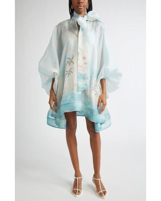 Zimmermann Blue Seascape Print Long Sleeve Organza Minidress