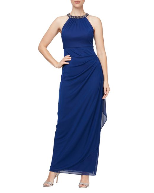 Alex Evenings Embellished Ruched Column Gown in Blue | Lyst