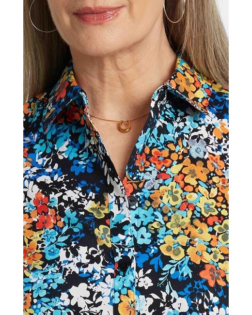 Foxcroft Blue Margie Floral Three-Quarter Sleeve Cotton Button-Up Shirt