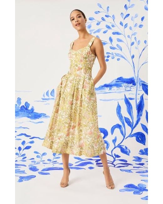 Maggy London Yellow Palm Print Empire Waist Fit & Flare Midi Dress