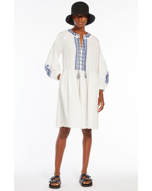 Max Mara White Dirce Embroidered Long Sleeve Cotton Poplin Dress