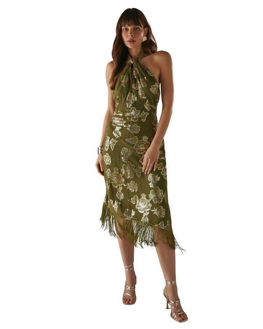 Warehouse Green Metallic Chiffon Wrap Front Midi Dress