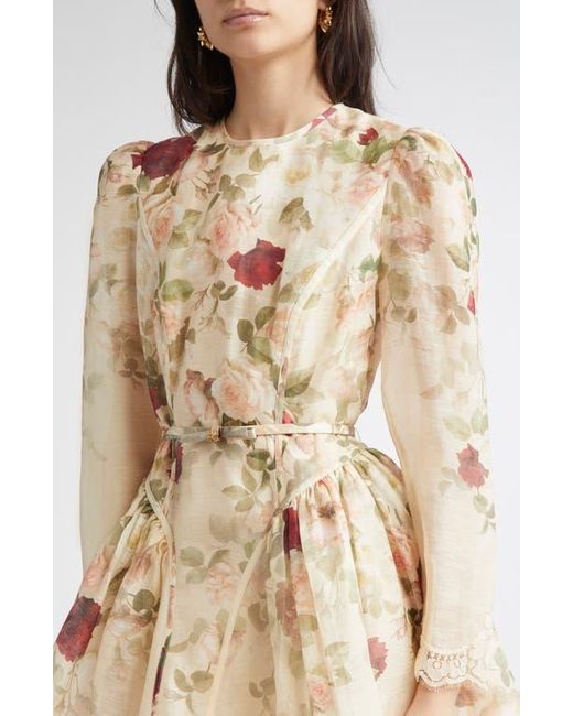 Zimmermann Natural Hypnotic Lace Trim Long Sleeve Belted Linen & Silk Minidress