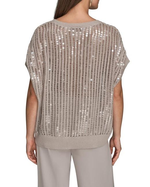 Donna Karan Gray Sequin Open Stitch Short Sleeve Sweater