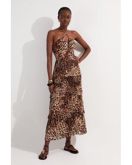 Karen Millen Tiered Halterneck Midi Dress in Brown | Lyst
