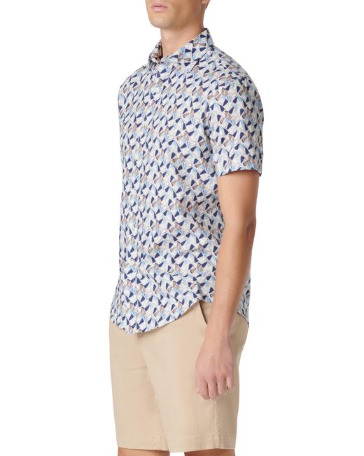 Bugatchi White Orson Geo Print Short Sleeve Cotton & Linen Button-up Shirt for men