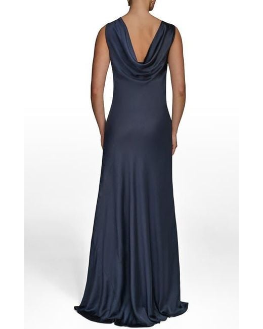 Donna Karan Blue Asymmetric Cowl Back Satin Gown