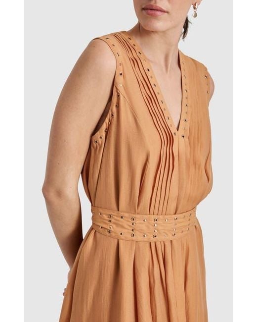 DKNY Grommet Tie Belt Sleeveless Organza Midi Dress in Brown Lyst