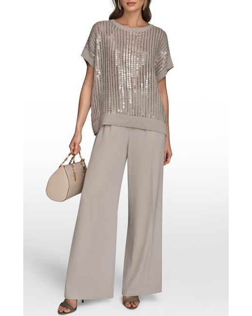 Donna Karan Gray Sequin Open Stitch Short Sleeve Sweater
