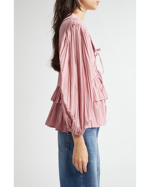 Stine Goya Red Plissé Tie Front Balloon Sleeve Top